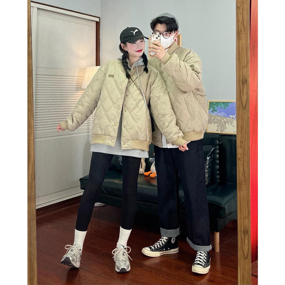 日系菱格棉服女冬季棒球服2023新款潮牌加厚棉衣棉袄外套男情侣装