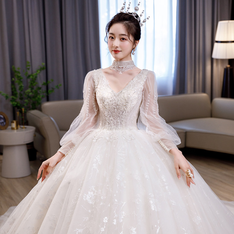 婚纱新娘2025新款 高级质感高定款冬季长袖法式重工奢华拖尾主纱,淘宝优惠券,粉丝福利购,淘宝优惠卷