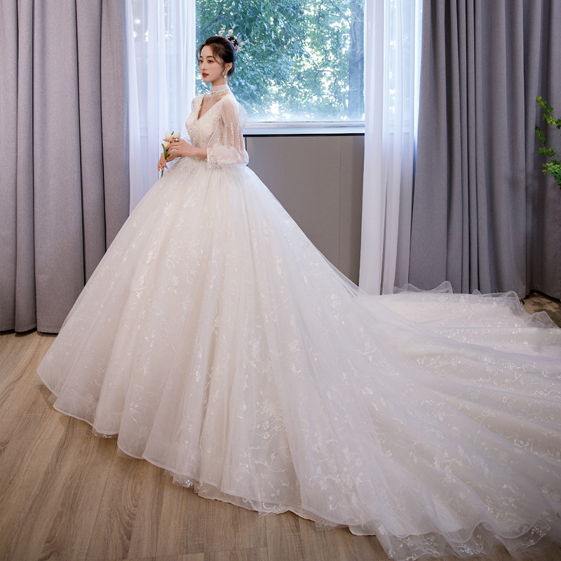 婚纱新娘2025新款 高级质感高定款冬季长袖法式重工奢华拖尾主纱,淘宝优惠券,粉丝福利购,淘宝优惠卷