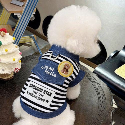 狗狗衣服2026新款春装小狗夏天海军风牛仔小熊背心可牵引泰迪比熊 - 图0