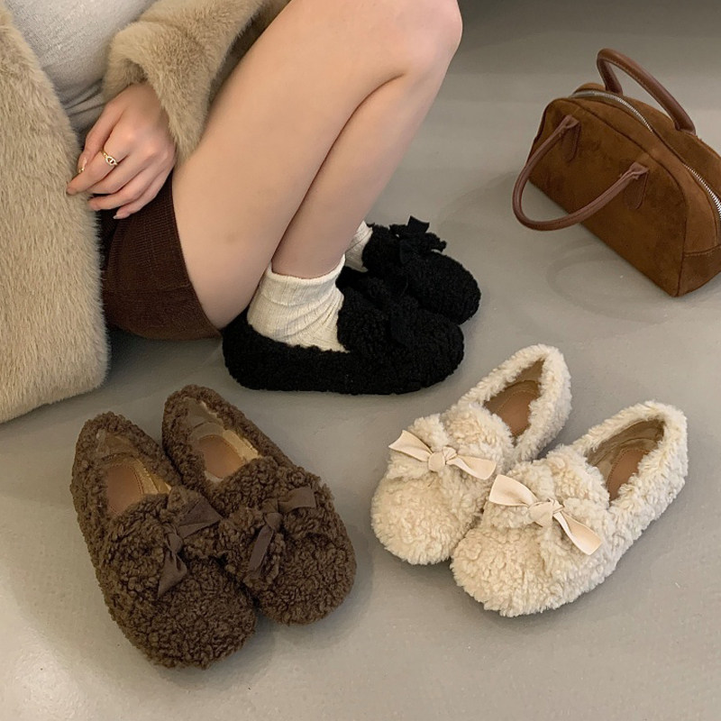 厚底毛毛鞋女冬外穿懒人一脚蹬乐福鞋法式蝴蝶结豆豆鞋女加绒棉鞋,淘宝优惠券,粉丝福利购,淘宝优惠卷
