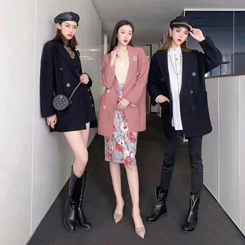 阿玛施旗舰店官网纯色双排扣呢大衣 简妍芙毛呢外套