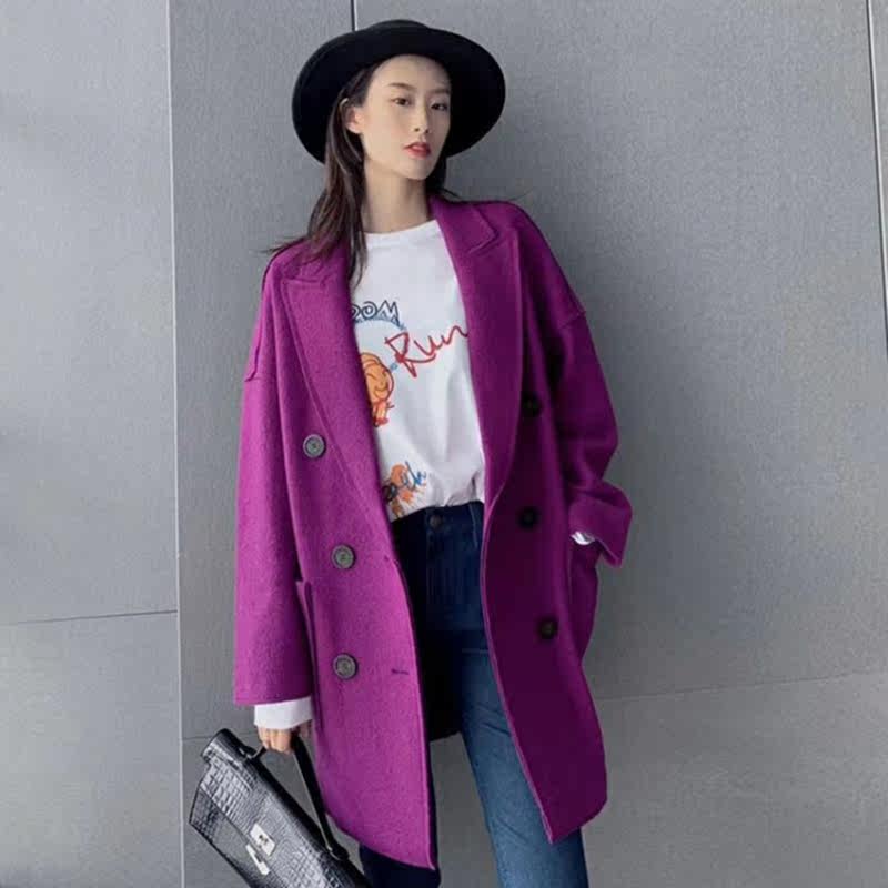 阿玛施旗舰店官网纯色双排扣呢大衣 简妍芙毛呢外套