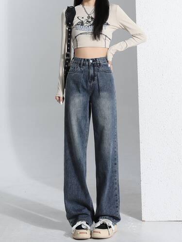 高街阔腿牛仔裤女春秋大码新款宽松垂感小个子高腰显瘦窄版拖地裤 - 图0