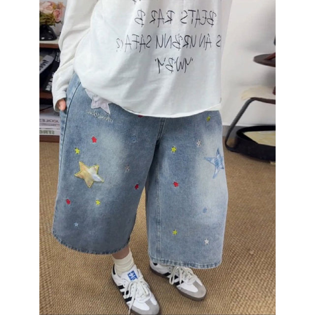 Summer star patch over printed denim pants cropped ສໍາລັບແມ່ຍິງ