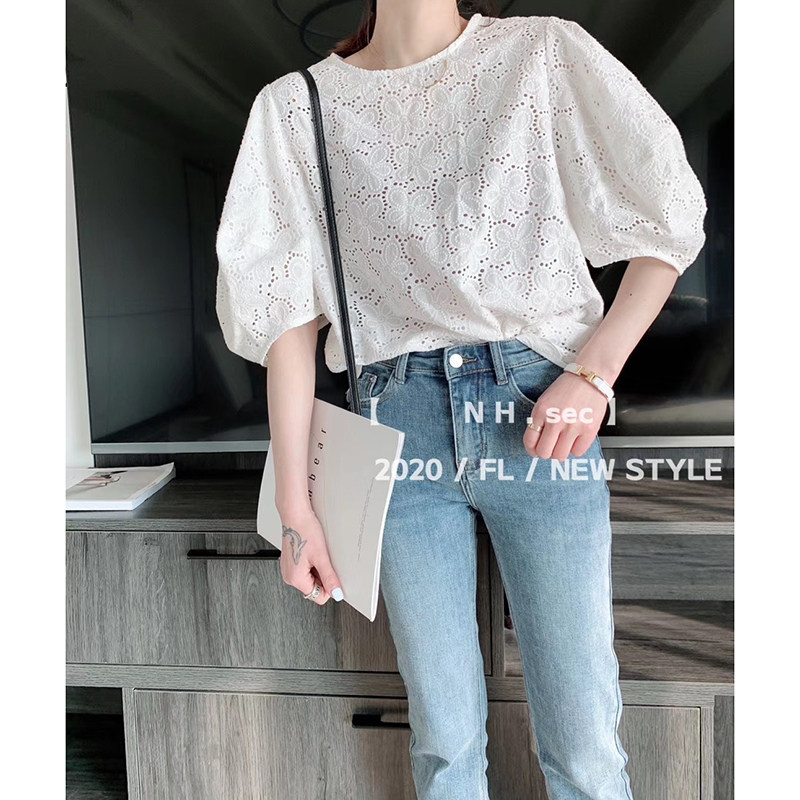 2020夏季新款欧洲站白色宽松蕾丝衫 娇品茜蕾丝衫/雪纺衫