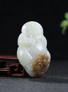 和田玉糖青白玉财神手把件玉石