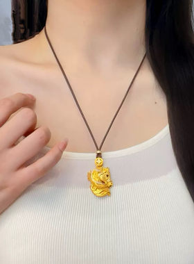 古法十二生肖马吊坠黄金色马牌项链马到成功毛衣链新年礼物送女友