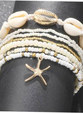 Womens shell anklets跨境时尚沙滩度假风米珠贝壳海星多层脚链