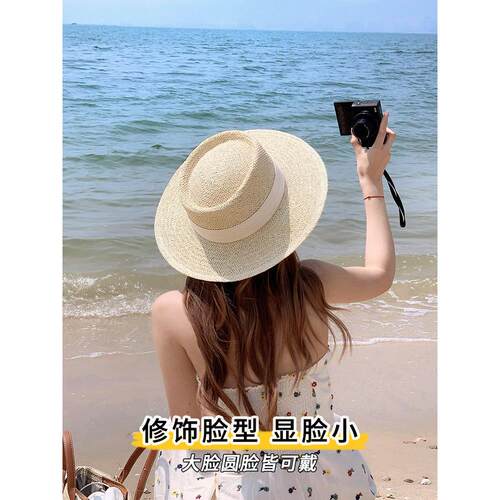网红平顶草帽女夏季防紫外线海边出游防晒遮阳帽草编沙滩太阳帽子 - 图1