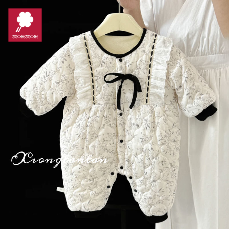 婴儿冬装夹棉加绒连体衣女宝宝保暖加厚棉服新生儿周岁公主礼服潮 - 图0