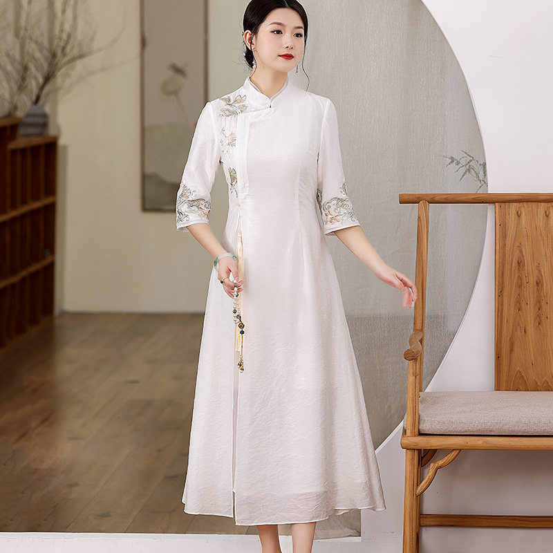 改良旗袍夏季中国风唐装修身连衣裙 娇品兰旗袍