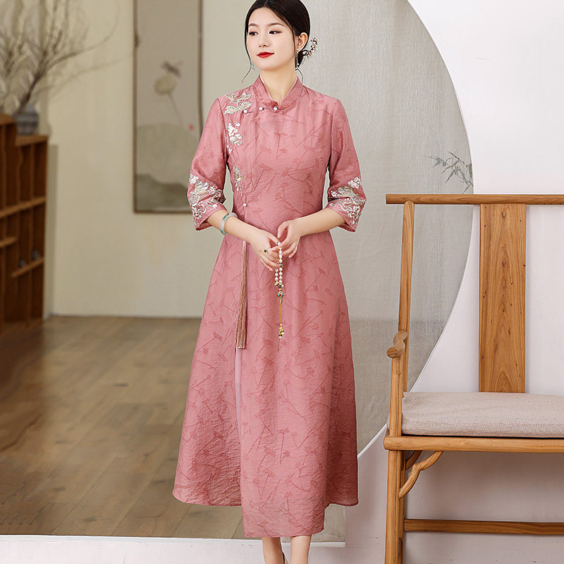 改良旗袍夏季中国风唐装修身连衣裙 娇品兰旗袍
