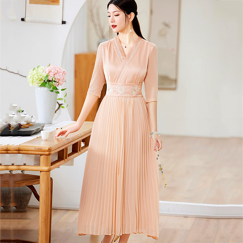 汉元素连衣裙国风中式改良百褶裙 娇品兰连衣裙