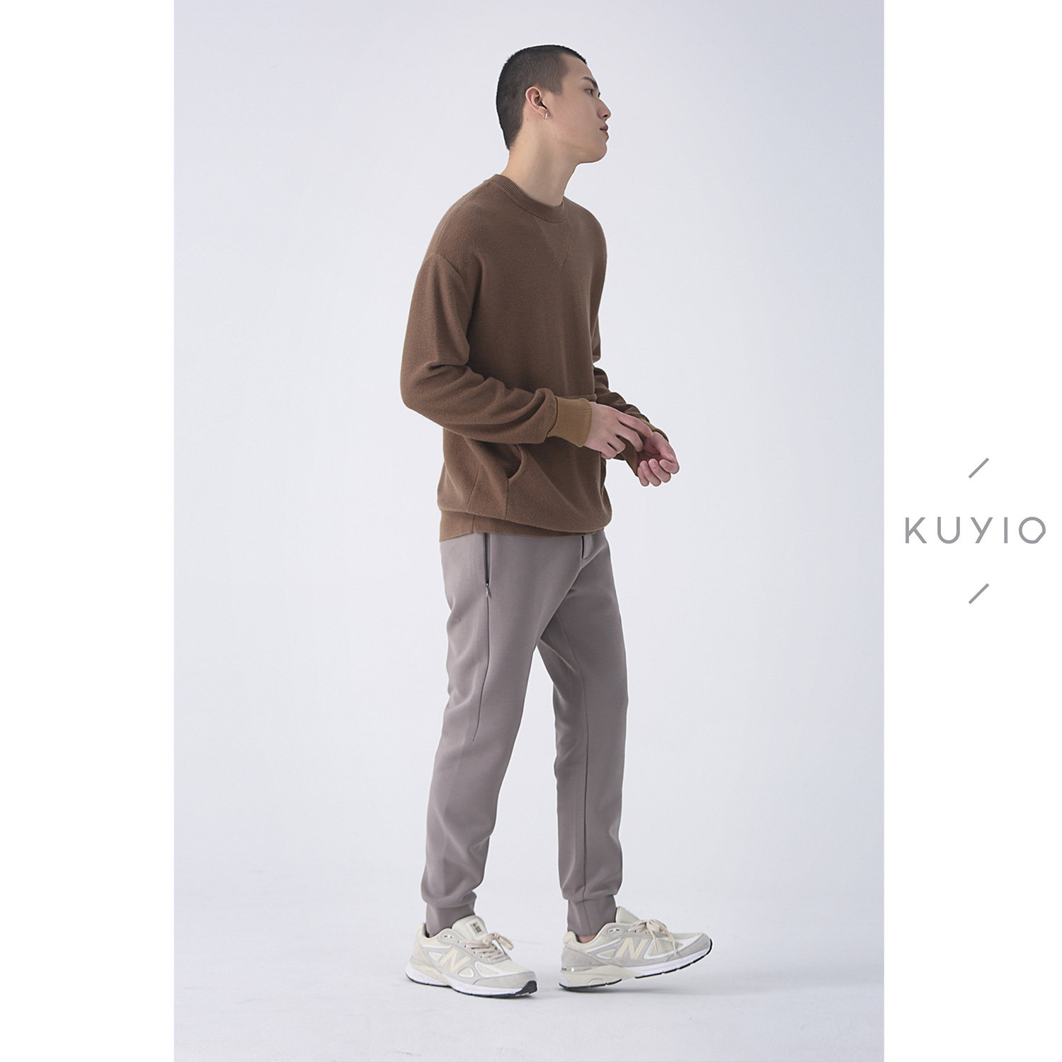 KUYIOU/设计师款 斜纹提花精棉落肩袖插袋廓形圆领针织套衫卫衣男,淘宝优惠券,粉丝福利购,淘宝优惠卷