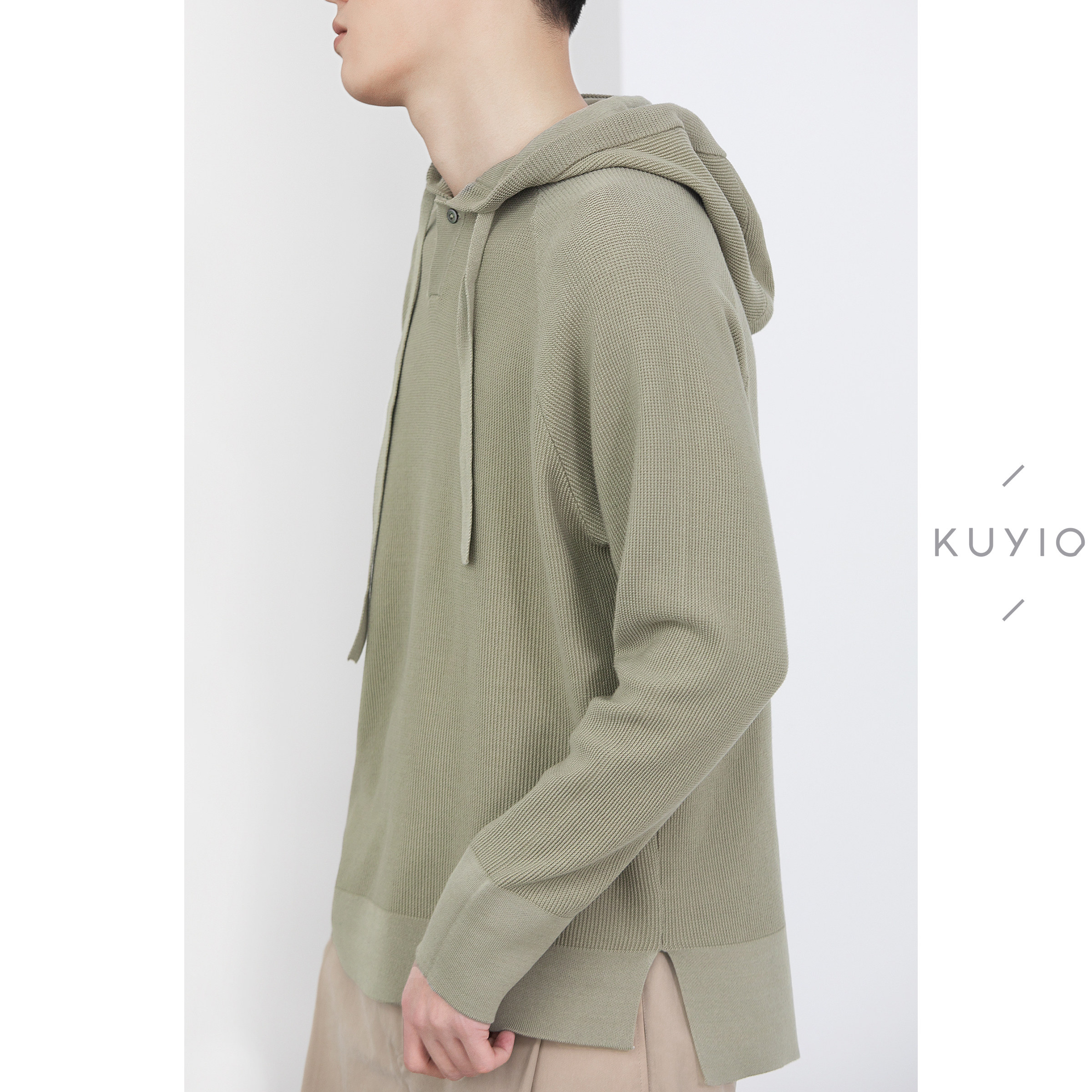 KUYIOU/12G细华夫格 丝光棉插肩袖宽松针织衫纯棉连帽卫衣男,淘宝优惠券,粉丝福利购,淘宝优惠卷