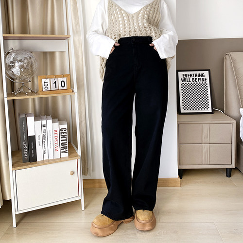 大爽家大码窄版加绒黑色牛仔裤女秋冬裤子阔腿裤长裤显瘦直筒裤 - 图0