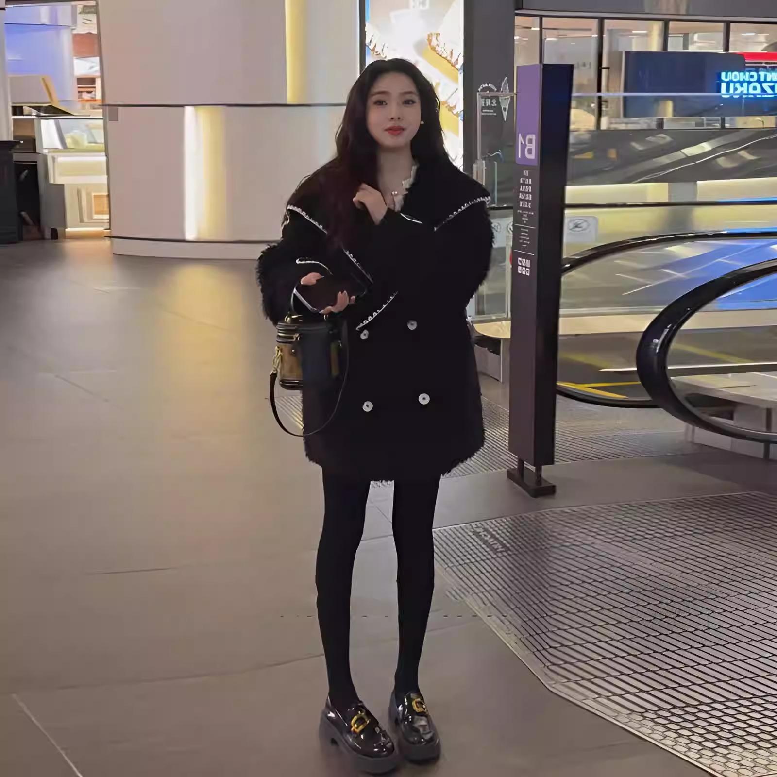 【五折】小香风海军领羊羔毛外套女冬季韩版时尚宽松保暖皮毛一体 - 图0