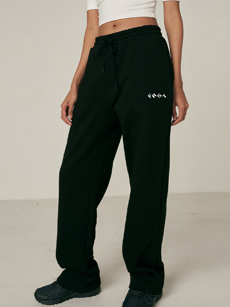 运动长裤女春秋重磅纯棉加绒印花宽松直筒裤健身跑步卫裤