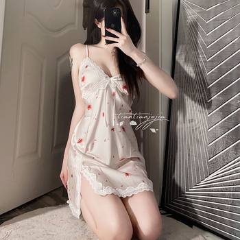 Pajamas Feminine Ice Silk Summer 2024 New Sling Nightgown Nightgown Home Clothes Swing Collar French Nightgown Set