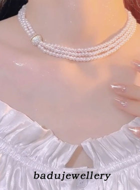 高级感多层珍珠磁吸闪钻项链女款