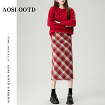 Red Plaid Half Body Dress Woman Autumn Winter 2023 New High Waist Display Slim Mid-Length Fur A a character dress Hip Skirt