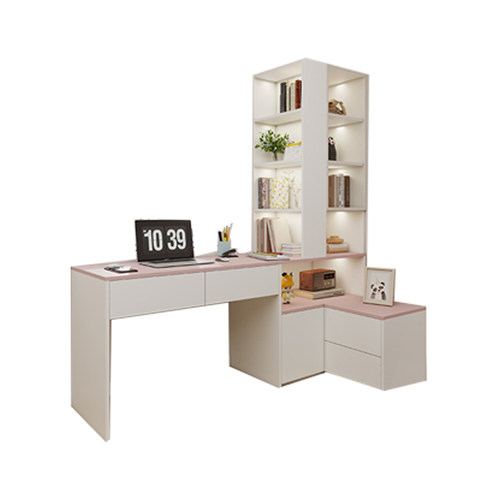 儿童房公主风转角书架书桌一体家用卧室小户型电脑桌床头柜子定制 - 图3