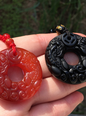 天然红玛瑙貔貅吊坠黑曜石貔貅平安扣男女情侣定情信物礼品送证书