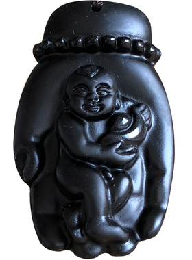 天然黑曜石招财童子佛手男女护身项链送证书伸手来财童孩吊坠