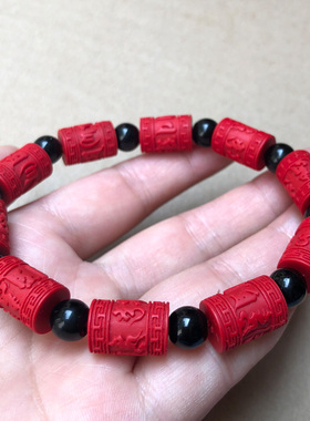 红色朱砂六字真言手链 桶珠属狗本命年情侣手链礼物开运朱砂手串