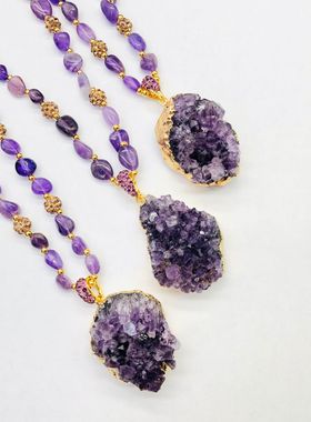 天然紫矿石水晶吊坠项链不规则状紫水晶链条