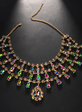 欧美新款夸张项链彩色水钻锁骨链舞会百搭配饰Necklace