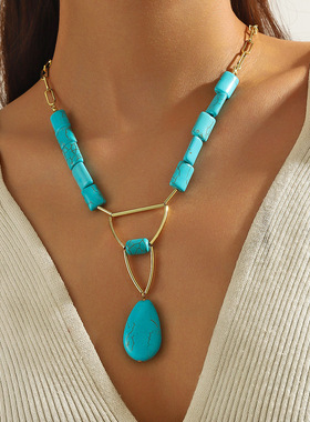 跨境热销原创绿松石吊坠项链搭配时尚复古铜管镶嵌异形绿松石