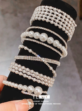 欧美镶钻仿珍珠交叉几何圆形开口手镯时尚小众气质感手饰女