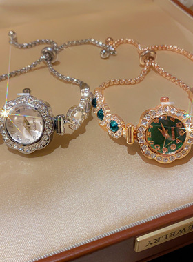 欧美跨境镶钻圆形手表抽拉式手链轻奢感手环通勤百搭个性手饰