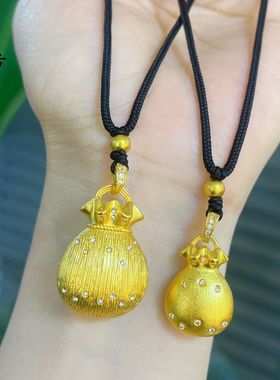 古法沙金拉丝福袋吊坠项链双面镶钻钱袋子招财进宝福禄精致锁骨链