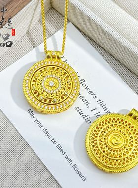 金店同款古法沙金镶钻旋转太阳花罗盘吊坠新中式镂空花丝罗盘挂坠
