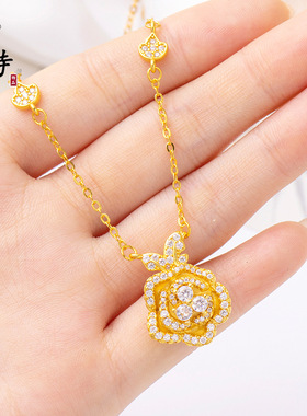 越南沙金轻奢风双生花镶石边玫瑰花项链个性气质花朵饰品挂件项链