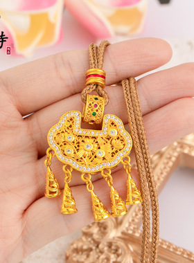 越南沙金999不掉色吊坠项链镶钻同心莲流苏锁包吊坠女百搭小众