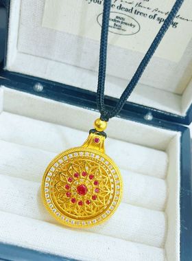 金店款古法越南沙金镶钻太阳花罗盘吊坠新中式镂空花丝点钻女项链