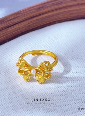 古法越南沙金珐琅彩镶钻花丝蝴蝶戒指开口可调节精致食指戒不掉色