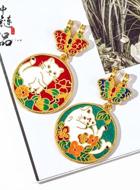 金店同款越南沙金珐琅烧蓝蝴蝶猫咪花牌吊坠不掉色慵懒猫牌挂件