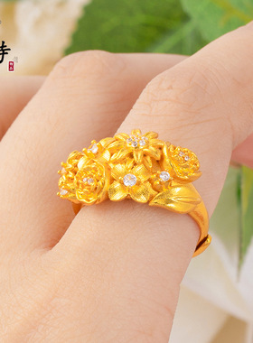越南沙金繁花似锦戒指新中式民族风高颜值气质点钻花束可调节指戒