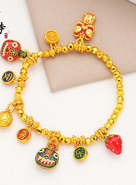 越南沙金平安喜乐爆闪蹦迪珠沙金吞金兽一家手链小草莓弹力绳手链