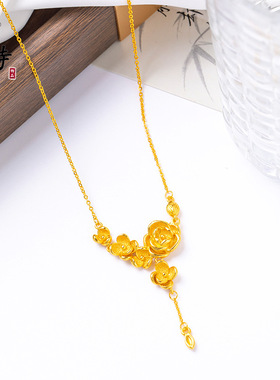 新款简约五繁花莲子套链精致花朵流苏项链气古法沙金质玫瑰花锁骨