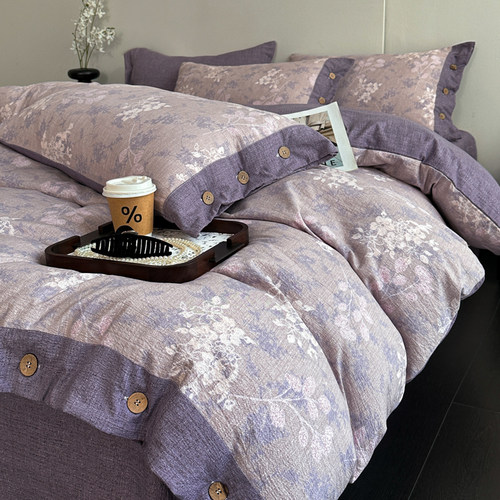 A类复古亚麻纽扣床品四件套纯棉全棉2025新款床单被套宿舍三件套4 - 图0