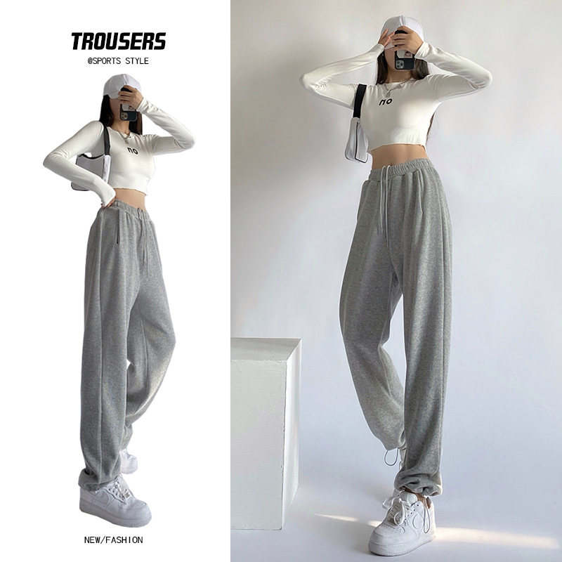 灰色宽松束脚春装秋冬季加绒阔腿裤 星娅妃休闲裤