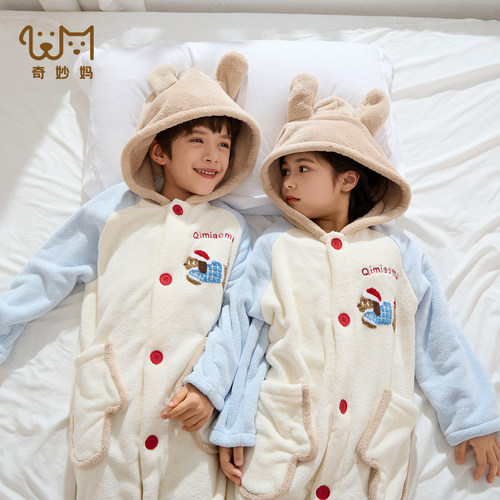可爱卡通儿童珊瑚绒睡衣女童加绒加厚家居服大码睡袍冬季家居服 - 图3