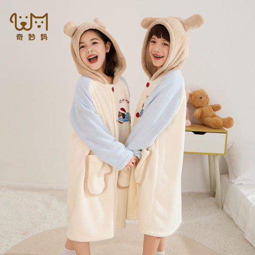 可爱卡通儿童珊瑚绒睡衣女童加绒加厚家居服大码睡袍冬季家居服 - 图0