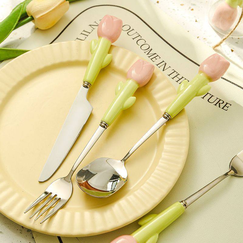 高颜值郁金香304不锈钢ins勺子刀叉西餐高级陶瓷精致吃甜点心牛排,淘宝优惠券,粉丝福利购,淘宝优惠卷